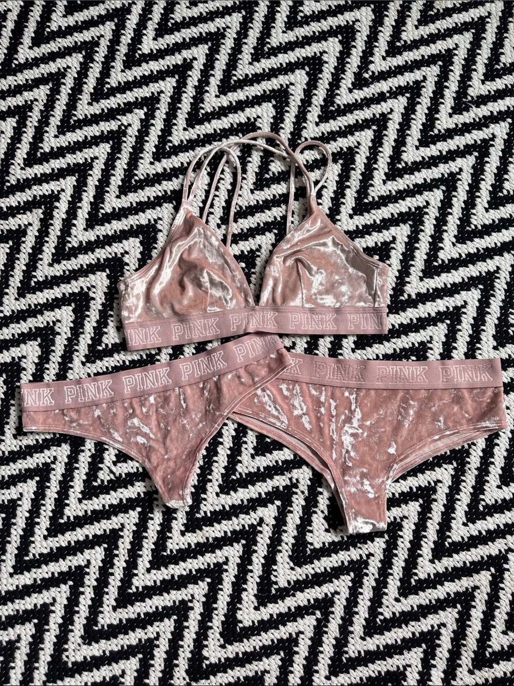 PINK Victoria's Secret Crushed Velvet Bralette & Bikini Set in Blush